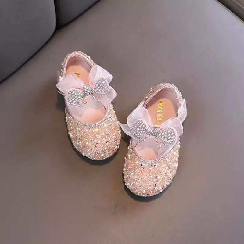 Sepatu Kulit Berpayet Anak-anak Baru Sepatu Tunggal Ikatan Simpul Berlian Imitasi Putri Perempuan Sepatu Pernikahan Anak-anak Bayi Modis