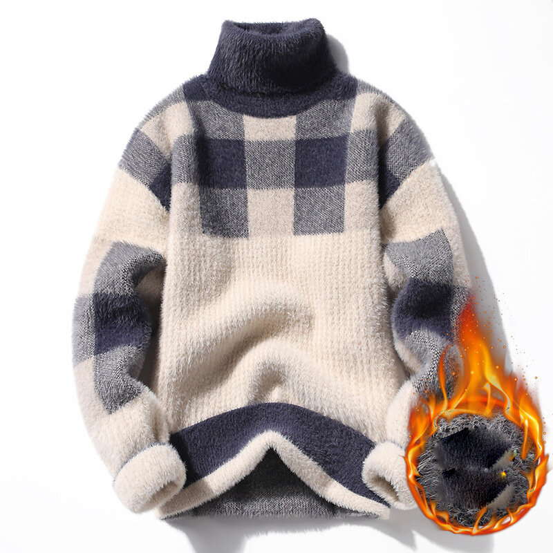 Sweater Mink beludru nyaman pria, Sweater hangat longgar kasual pola kotak-kotak, tren mode musim dingin/musim gugur