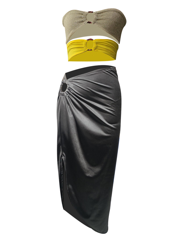 Conjunto de saia longa ruched irregular sem alças feminino, roupas verão, tops de tubo, envoltório no peito, brilho, cor contraste, 2 peças