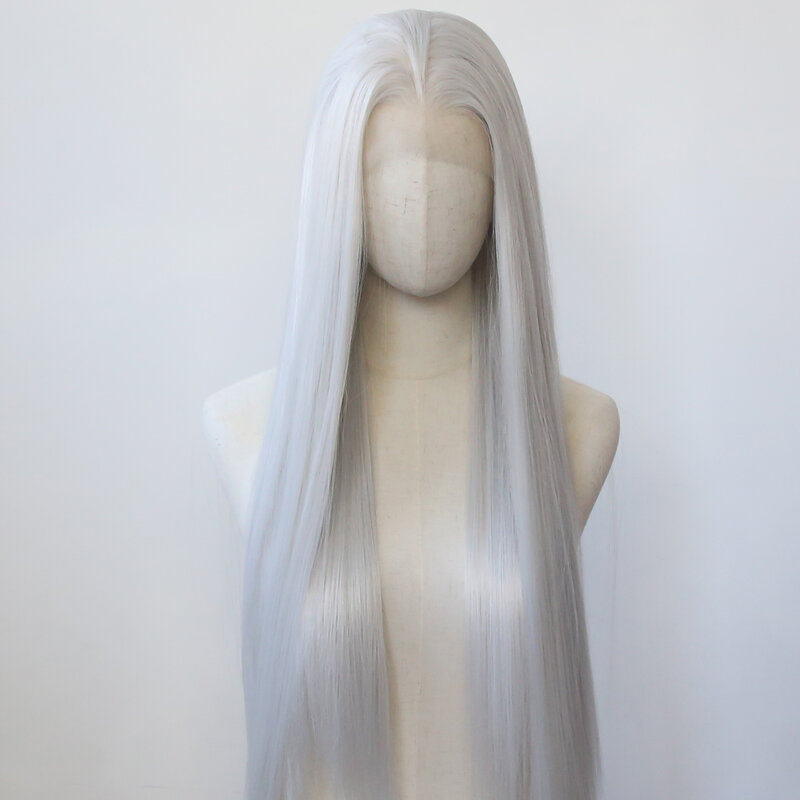 Silver Synthetic Lace Front Wig Long Straight Silver Lace Front Synthetic Wig Pre Plucked Heat Resistant Hair Daily Wear Cosplay