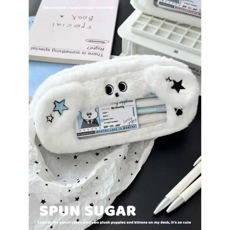 1 Piece Sweet Plush Pencil Case for Boy Girl Cute Cartoon Cat Puppy Pencil Bag for Student High Capacity Visiable Storage Bag