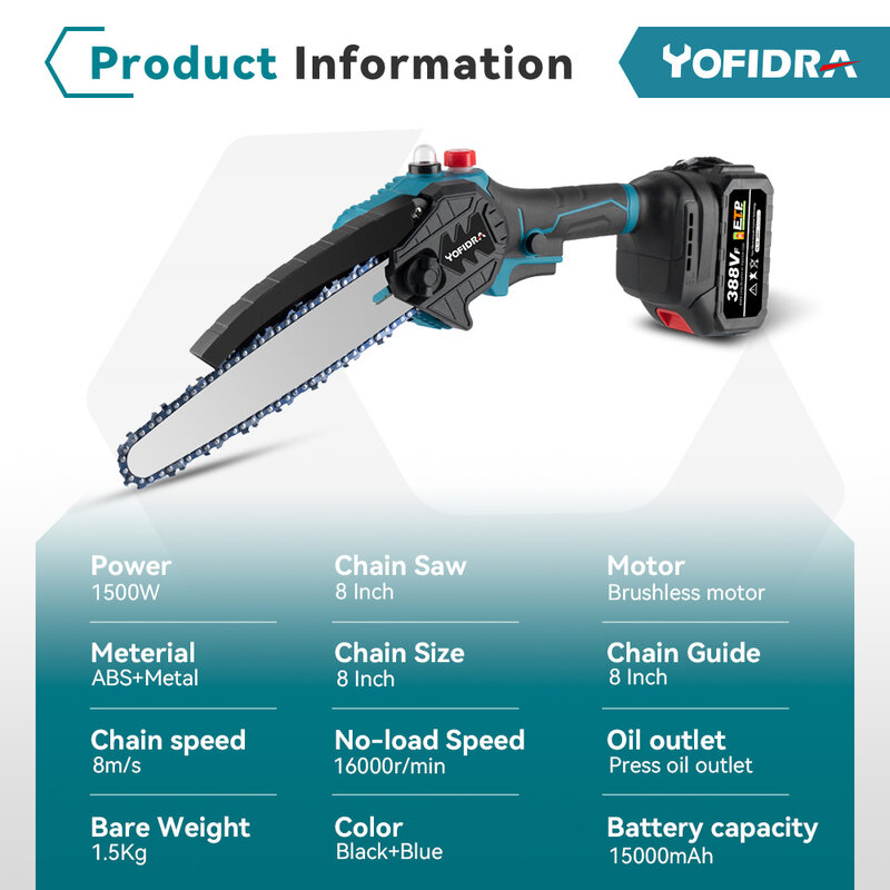 Yofidra-منشار كهربائي بدون فرشاة ، أويلر آلي ، محمول باليد ، قطع الخشب في الحديقة ، منشار كهربائي لأداة تعمل بالبطارية ماكيتا 18 فولت ، 8"
