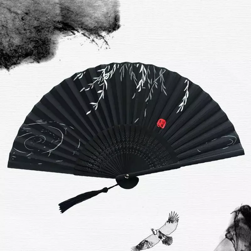 Chinês De Madeira Shank Dança Folding Fan, Borla Clássica, Elegante Fêmea Ventilador, Decoração de Casa, Seda Japonesa, Alta Qualidade