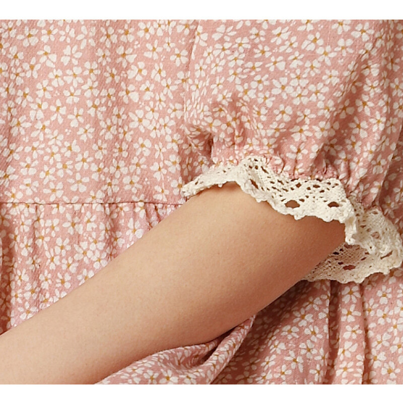 Mori Girl Style primavera estate cotone lino abito allentato donna manica corta floreale volant orlo in pizzo abiti lunghi Vintage estetici