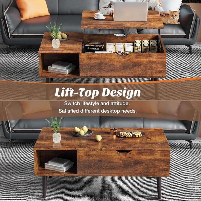 Sweetcrispy mesa de centro marrón, mesa de centro elevadora para sala de estar con estantes de almacenamiento y mesa de comedor Invisible