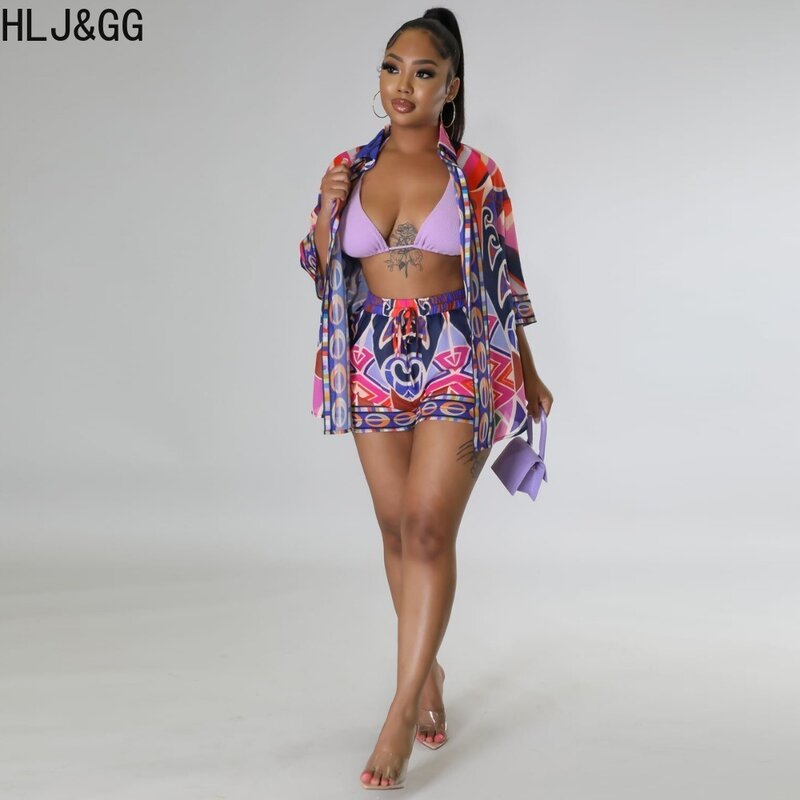 HLJ&GG Spring New Retro Africa Print Two Piece Sets Women Turndown Collar Button Shirt And Shorts Outfits Female 2pcs Streetwear