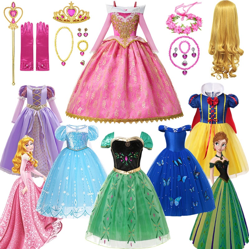 Disney-Cosplay feminino Bela Adormecida, Vestido Aurora Princesa, Frozen Elsa e Anna Set, Rapunzel e Cinderela, Roupa de Festa Infantil