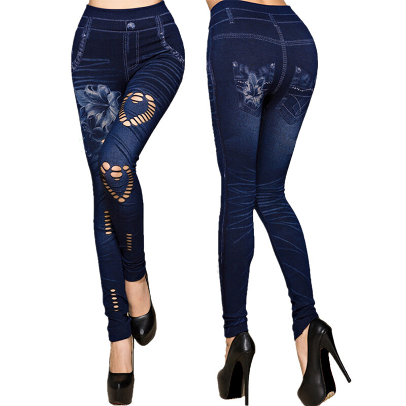 Leggings de jeans falso feminino, calças justas, calças elásticas, sexy