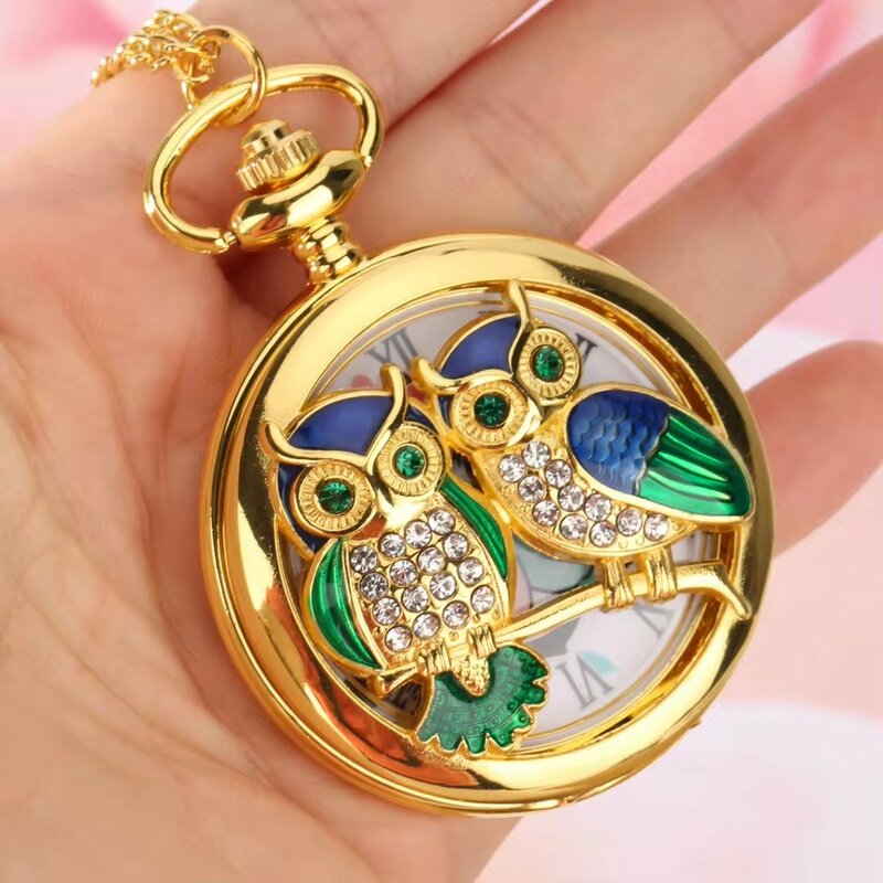 Gold handicraft pendant diamond studded retro owl pocket watch chain birthday gift
