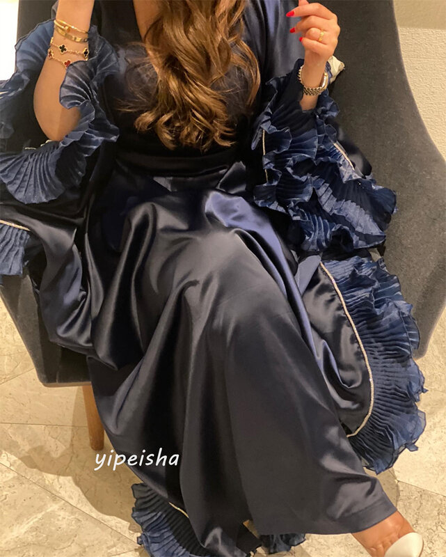 Prom Dress Saudi Arabia Satin Ruffles Draped Engagement A-line V-Neck Bespoke Occasion Dresses Floor-Length