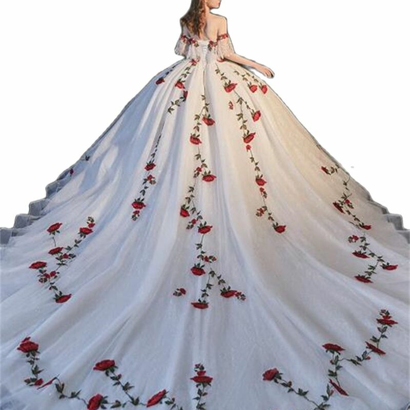 Vestido de Noiva Puffy Saia Branca Personalizado, Bandeau, Ombro, Estampado Vermelho, Trilha Real Nobre, Elegante Catedral, 2024