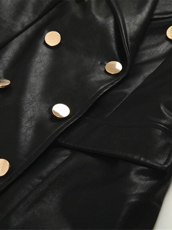 2024 Frühling Herbst extra langer schwarzer Kunstleder Trenchcoat für Frauen Zweireiher Luxus elegante britische Mode