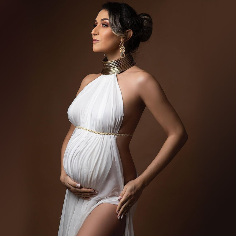 Maternidade Fotografia Posando Adereços Sexy Elegante Branco Vestidos Longos Cor Do Ouro Couro Vestido De Estúdio De Tiro Africano