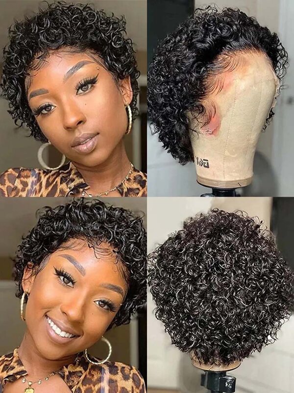 Peluca de cabello humano con corte Pixie para mujeres negras, pelo corto Bob con encaje Frontal 13x1
