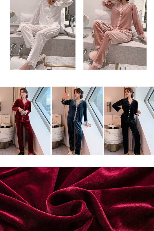 Новейший золотистый бархатный пижамный комплект, Женская осенне-зимняя Модная стильная женская одежда, пижама, Женская Теплая Бархатная Пижама