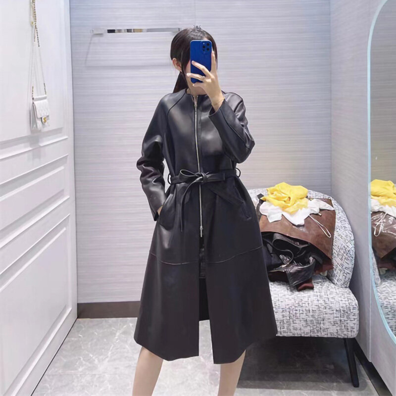 2022หนังใหม่สำหรับผู้หญิงแจ็คเก็ตซิปของแท้ Sheepskin Moto ยาว Trench Coats สูงแฟชั่นคุณภาพ Streetwear AEL4940