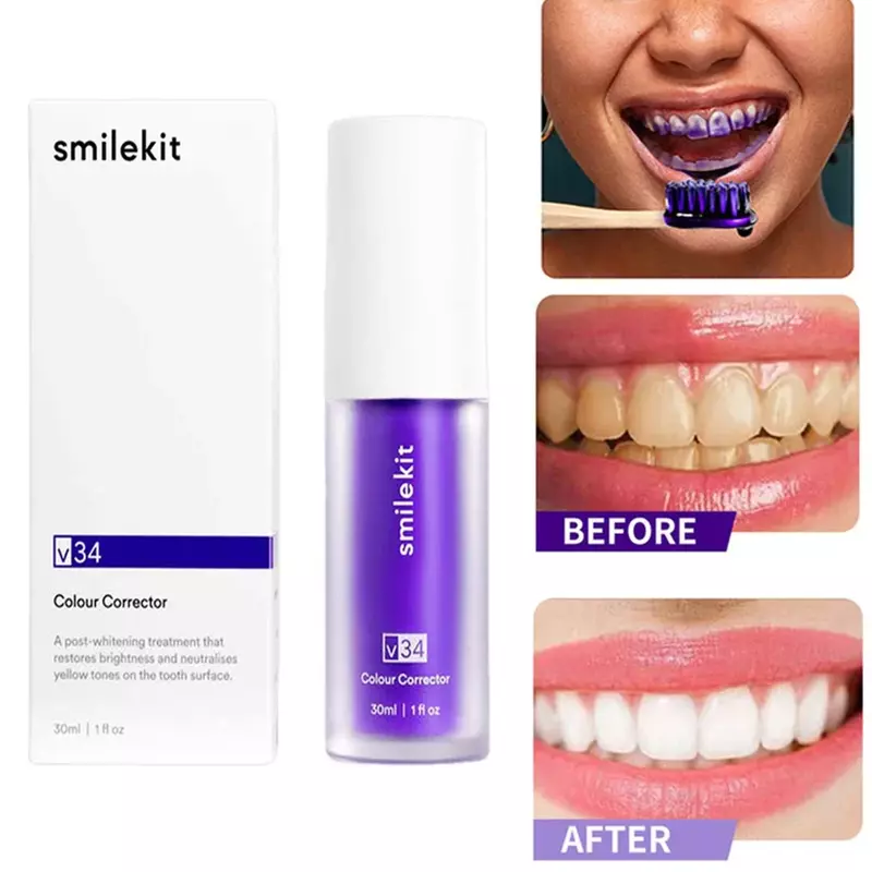 Отбеливающая зубная паста V34 SMILEKIT, 30 мл, удаляет пятна, уменьшает пожелтение зубов, заботится о деснах, освежает дыхание, отбеливает зубы