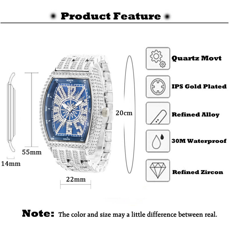 아이스 남성용 시계, 큰 손목 전체 다이아몬드 쿼츠 시계, 55mm 블루 페이스, 힙합 액세서리, 방수 시계
