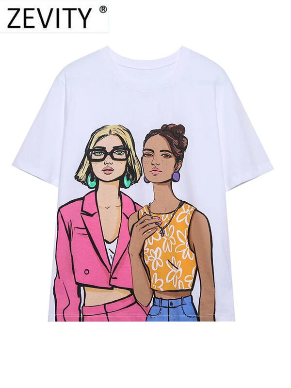 Zevity-女性のためのプリントニットカジュアルTシャツ,ダブルガールの夏服,ベーシックなラウンドネック,半袖,白,t1257
