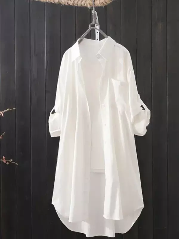 Новинка 2024, Женская весенне-осенняя рубашка из хлопка и льна, свободная рубашка с длинным рукавом, тонкая рубашка для улицы с пальто средней длины