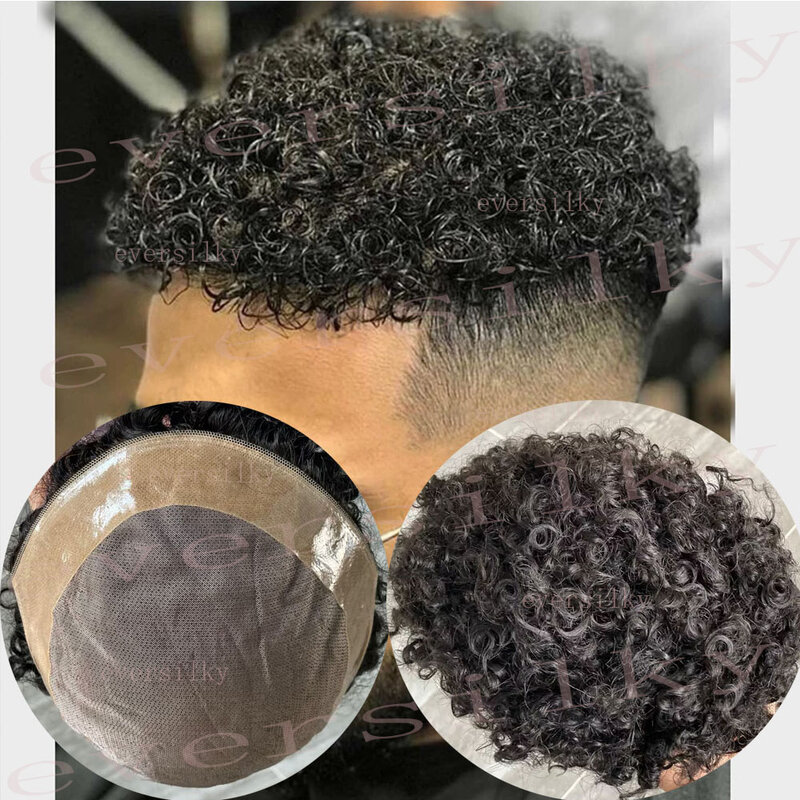 Wig pria tenun keriting Afro 8mm rambut manusia hitam coklat rambut manusia Super tahan lama Mono palsu 15mm 20mm 10mm pengganti prostesis kapiler