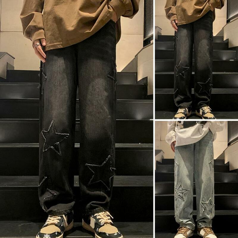 Retro Style Jeans Men's Oversize Star Aesthetic Denim Pants Wide Leg Jeans for High Street Fashion Vintage Korean for Women