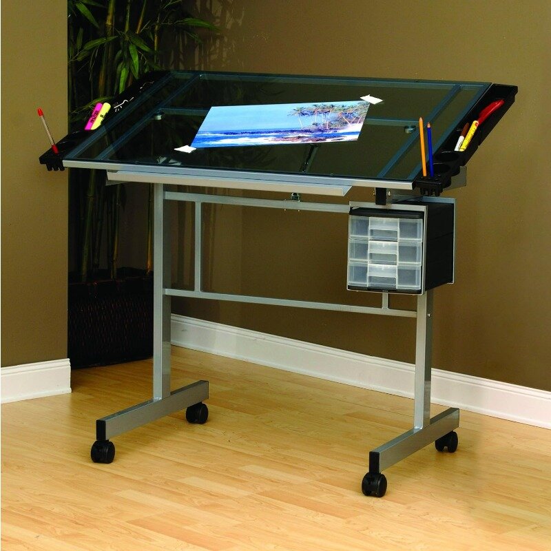 Studio Designs Vision Craft and Drawing Station - 35.5" W By 23.75" D Glass Top Drafting Table with Pencil Drawers, Side Trays