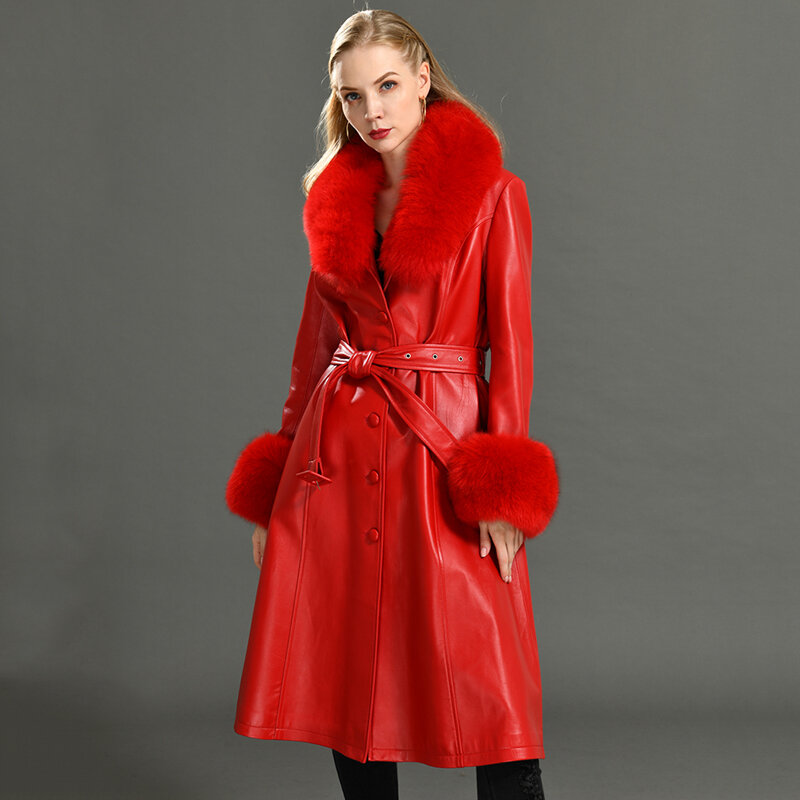 Women Real Leather Long Coat With Fox Fur Collar Ladies Genuine Sheepskin Trench Autumn Winter Fashion Warm Outwear