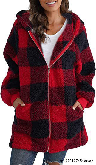 Jaqueta de grandes dimensões para a moda feminina casaco novo casual senhoras roupas manga longa xadrez com capuz bolso zip