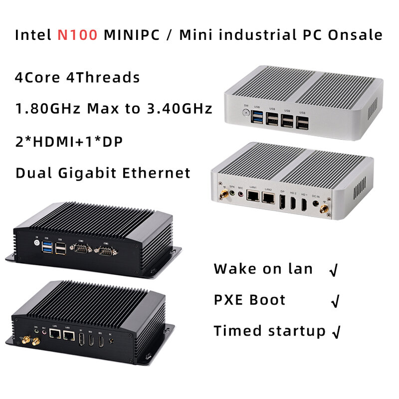 إنتل-كمبيوتر صناعي صغير مع شبكة LAN مزدوجة ، N100 ، كمبيوتر بدون مروحة ، 2 x HDMI 2.0 ، 4K ، 60Hz + DP ، 3 شاشة عرض ، DDR4 ، منخفضة الطاقة ، 0 ضوضاء