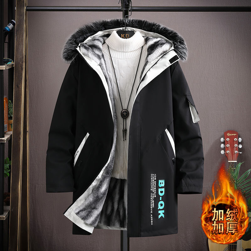2023 Autumn and Winter New Fashion Trend Long Cotton-Padded Jacket Men's Casual Loose Plus Fleece Thick Warm Large Size Coat