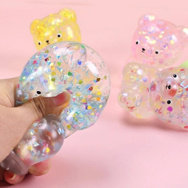 Stress Relief Toy for Adult Hand Squeeze TPR Bear Toy Squeeze Fidgets Sequins Bear Pinch Toy Holiday Goodie Bag Fillers