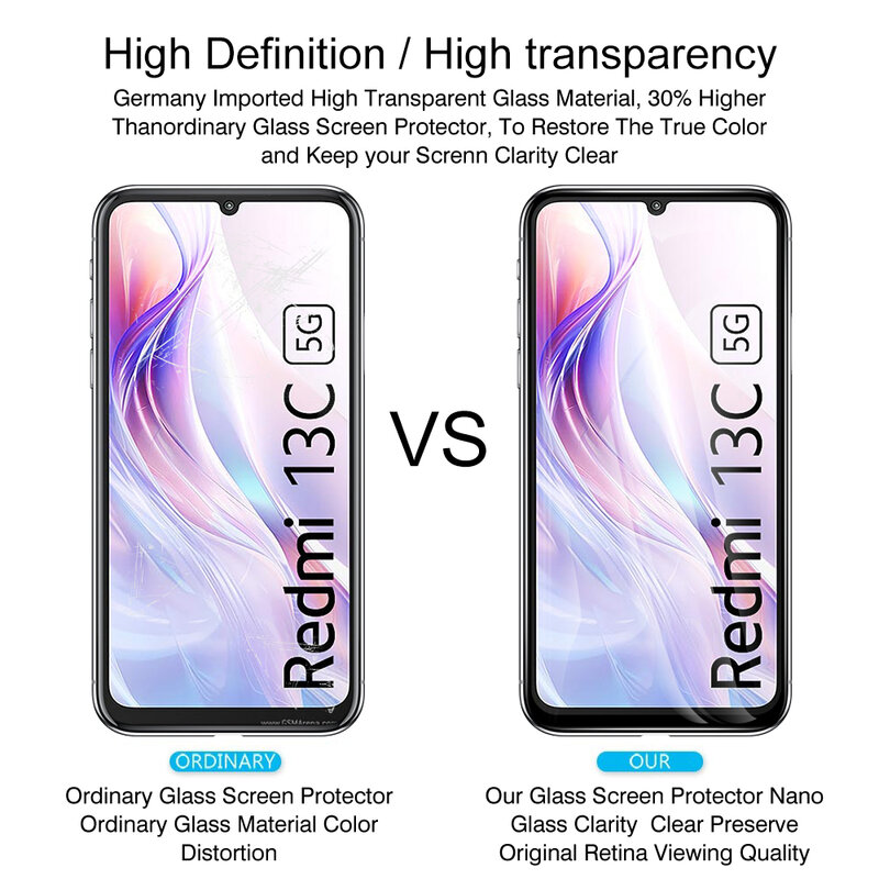 Protetor de tela anti-risco para Xiaomi, borda preta, vidro temperado transparente, Redmi 13C, 5G, Redmi 13 C, C13 C, 13, 2pcs
