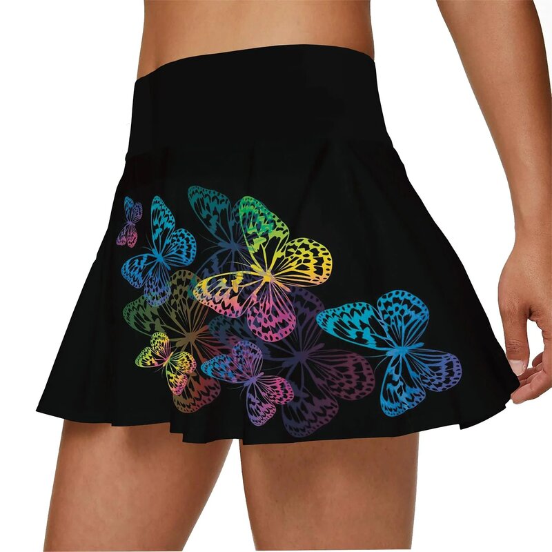 Butterfly Print Women‘s Tennis Skirt Double Lyer with 2 Side Pockets
