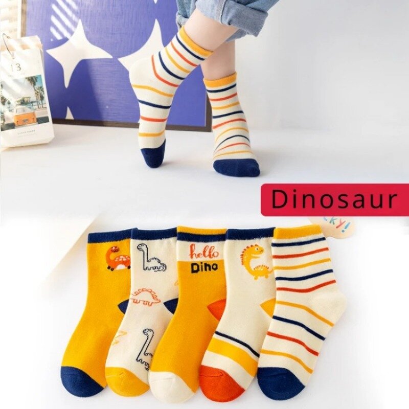 2024 New 5pairs Dinosaur Children's Socks Cotton Cartoon Children Boy and Girls Long Flat Cotton Socks Cute Baby Socks 2-12 Year