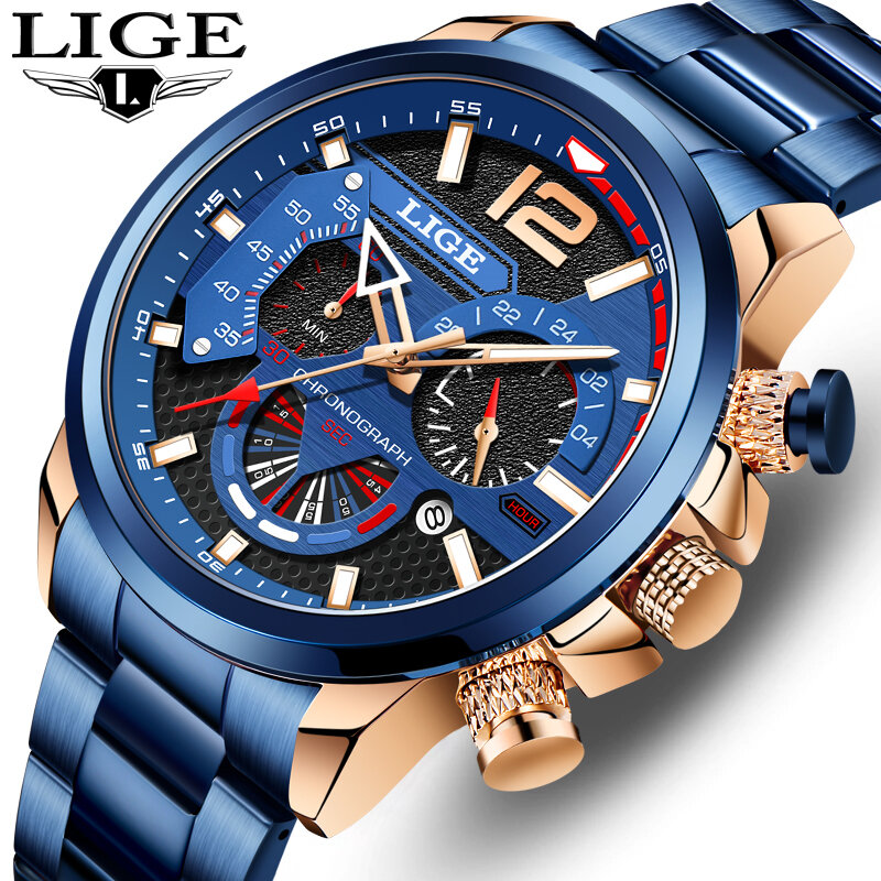 Часы наручные LIGE Мужские кварцевые, роскошные большие спортивные водонепроницаемые с хронографом, из нержавеющей стали