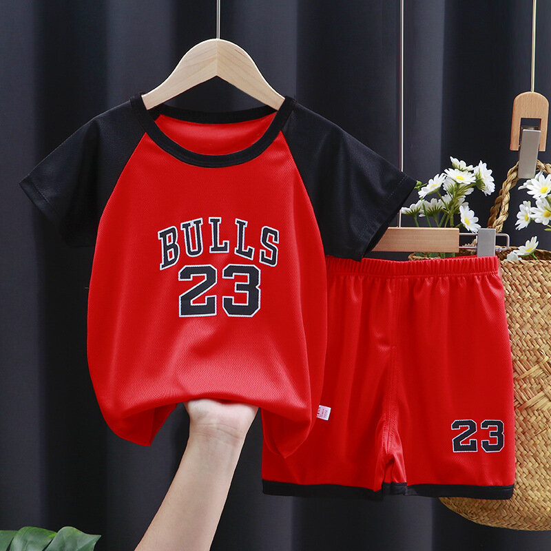 New Children's Clothing Summer Kids Sports Jersey Set Boys Short Sleeve Set Baby Basketball Wear Summer Vest Shorts