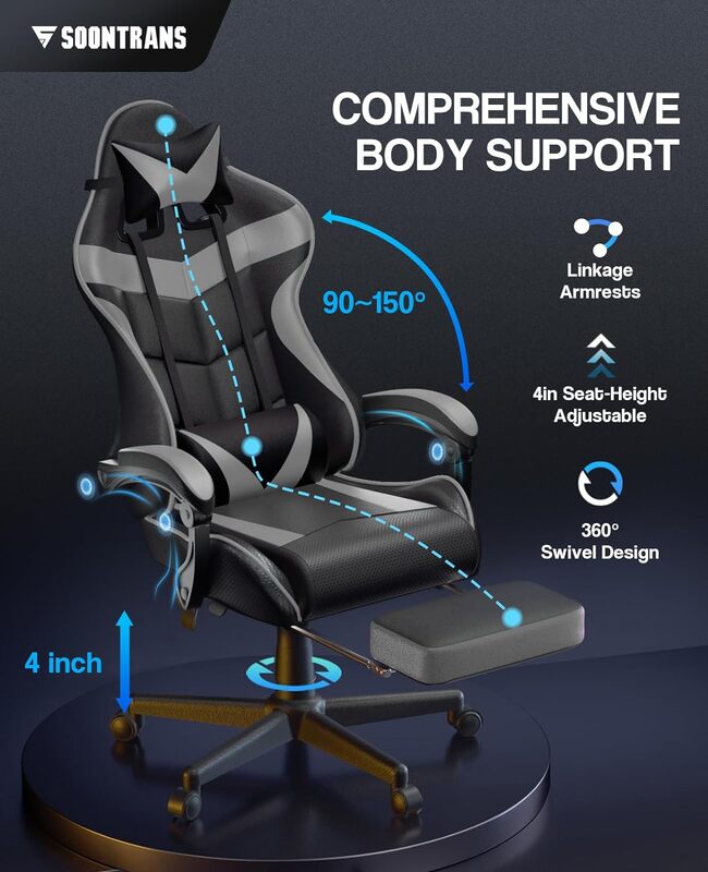 Chaises de jeu ergonomiques avec repose-pieds, chaise de jeu d'ordinateur, oreiller lombaire, repose-sauna réglable, gris