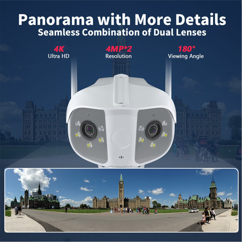 Kamera keamanan panorama WIFI lensa ganda, kamera IP tetap lensa ganda 4K 8MP 180 ° sudut pandang sangat lebar, baru, luar ruangan