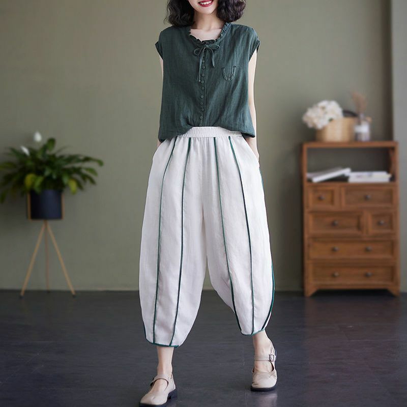 Fashion Loose Ladies White High Waist Bloomers Summer Striped Straight Pants 2024 New Casual Comfortable Pocket Women's Clothing