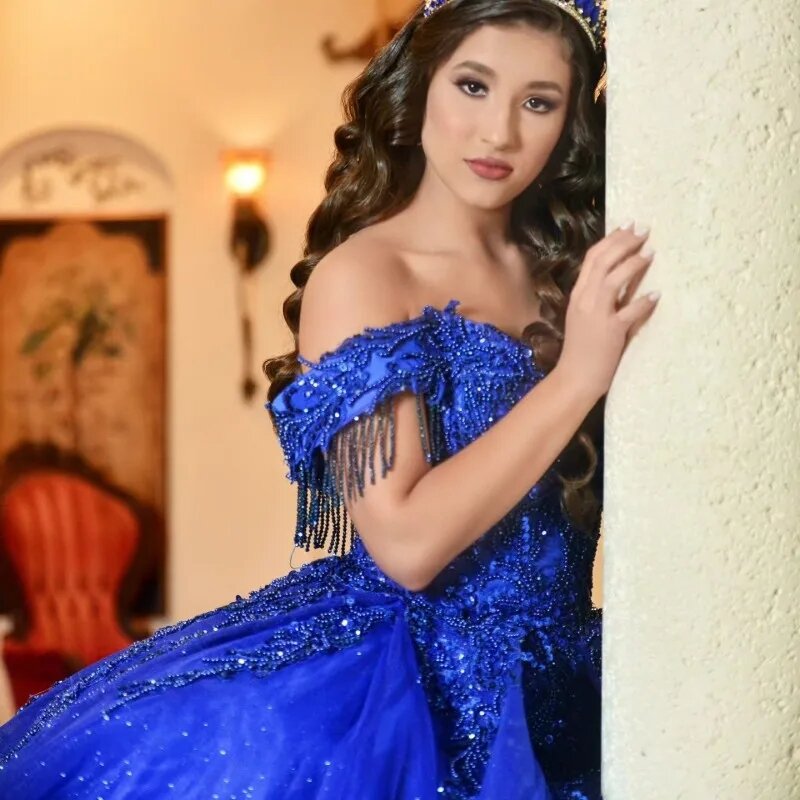 Royal Blue Princess Quinceanera abiti Ball Gown Off The Shoulder Appliques Beaded Sweet 16 abiti 15 aecos Mexican