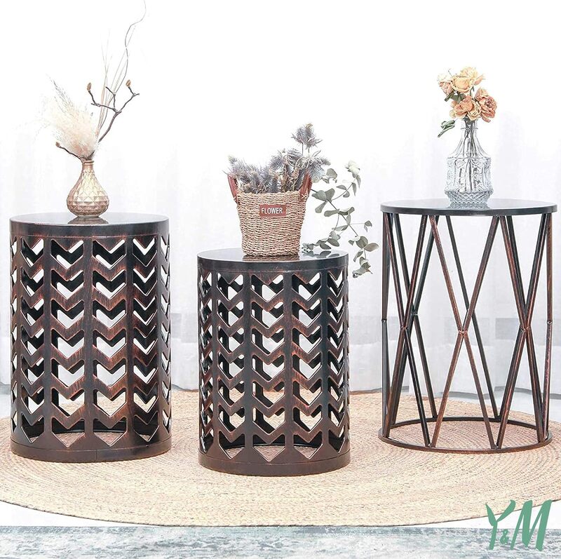Y & M-Juego de 3 mesas de centro redondas de Metal anidadas, taburete de jardín con soporte para plantas de Metal resistente, color negro Y bronce, para exteriores