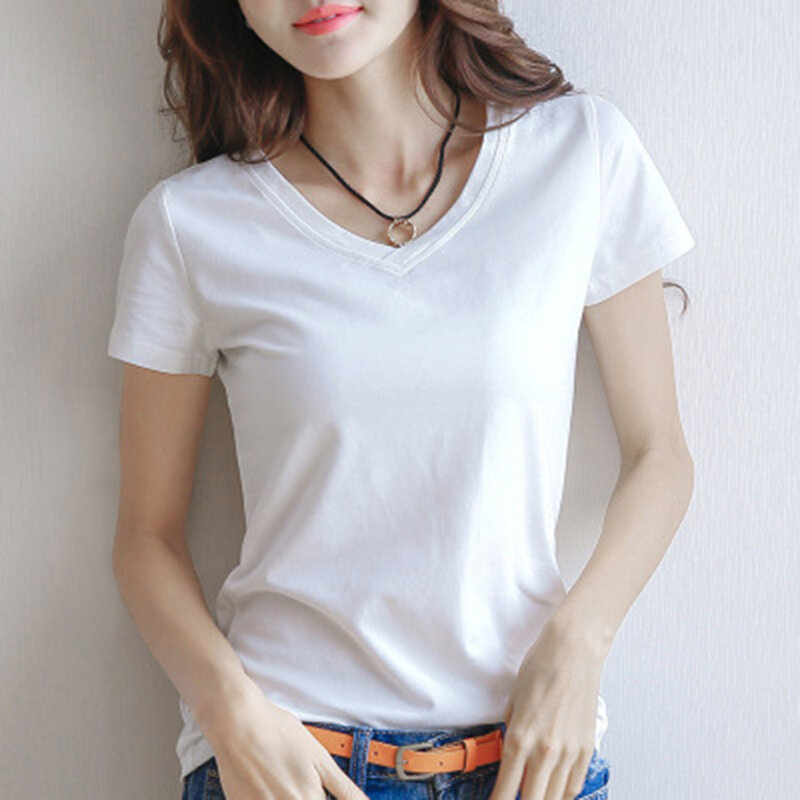 Blusa casual de manga curta feminina gola redonda, camiseta de verão, tops de cor sólida, preto e branco, 2021