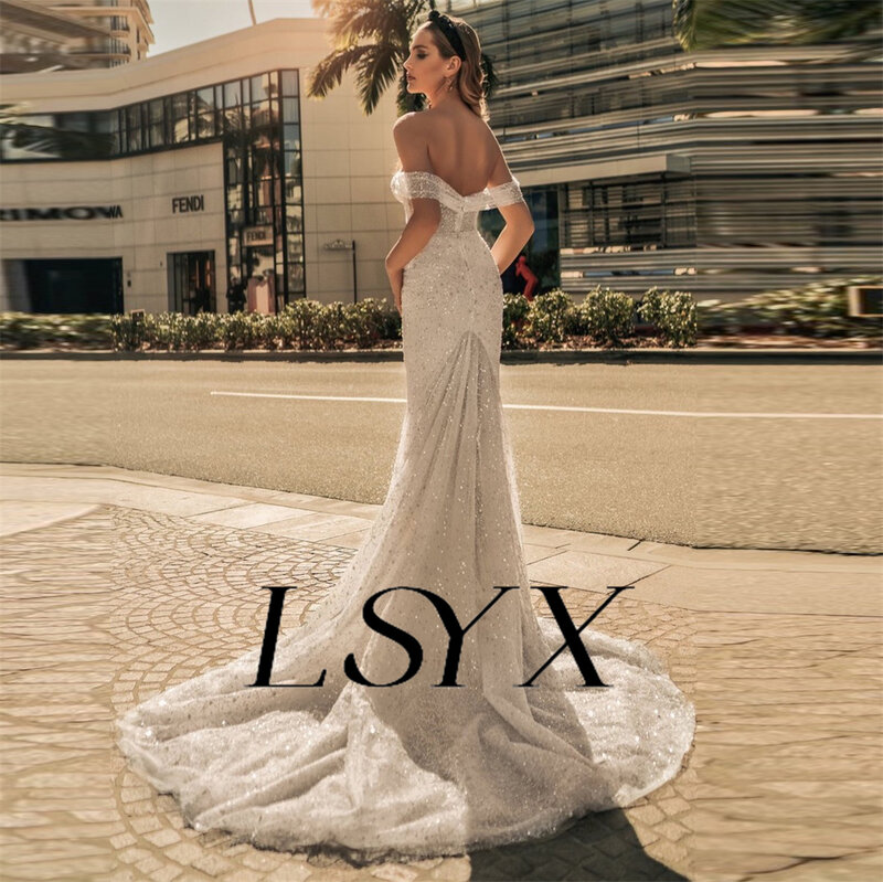Женское платье с открытыми плечами LSYX, блестящее Тюлевое свадебное платье с юбкой-годе, Элегантное свадебное платье до пола на молнии сзади, индивидуальный пошив