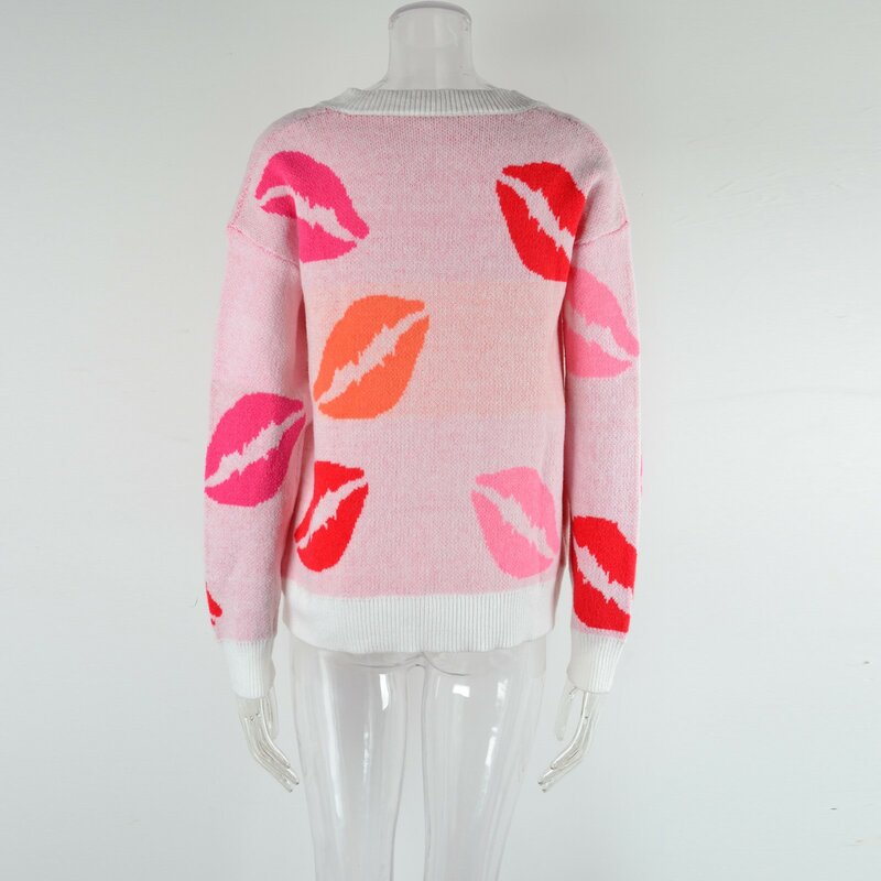 여성용 캐주얼 루즈한 V넥 스웨터, 입술 스웨터, 섹시한 Y2k 스웨터, 긴팔 스웨터, 풀오버 상의, 패션