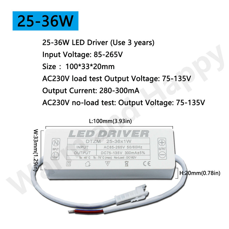Controlador LED de corriente constante, fuente de alimentación para transformador LED, 300MA, 1-3w, 4-7w, 8-12w, 18w, 20w, 18-25w, 25-36w