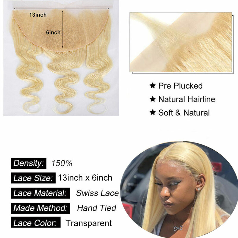 Cheveux humains Body Wave avec fermeture en dentelle transparente, 613 cheveux humains blonds, 13x6, 13x4, 4x4, 613