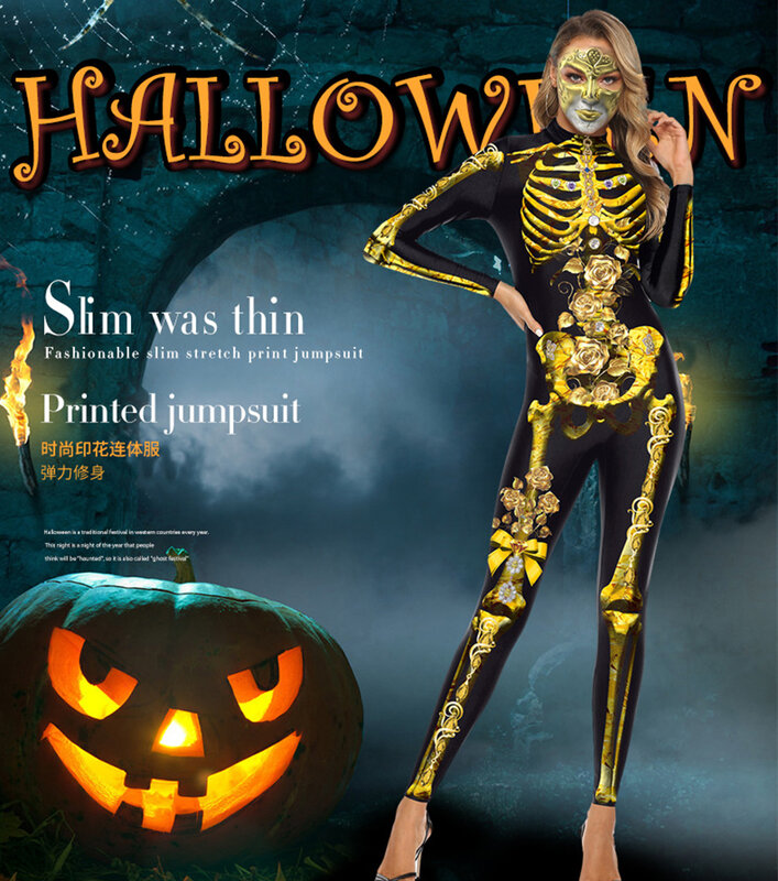 Halloween 3D Print Scary Skeleton Costume Jumpsuit Costumes for Women Performance Skull Bone Elastic Bodysuit