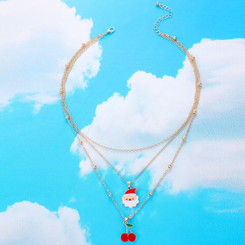 Многослойные ожерелья на тему Рождества, модные эмалированные металлические ожерелья с Санта-Клаусом, рождественской вишней, женские Украшения для рождевечерние