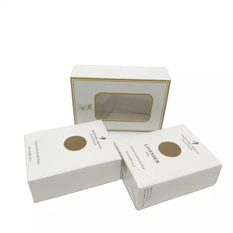 Gold Foil Art Paper Gift Boxes Embalagem, Caixa de sabão com janela clara, Embalagem da caixa, Custom Eco-friendly